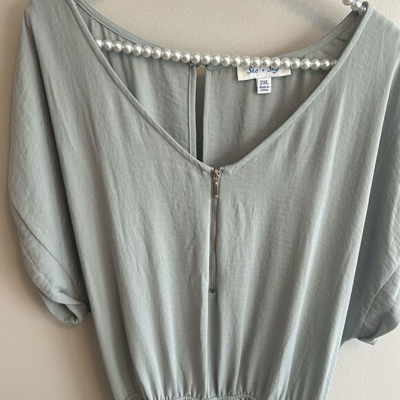 She & Sky Zip Front Green Romper. Size 2XL - Picture 2 of 5